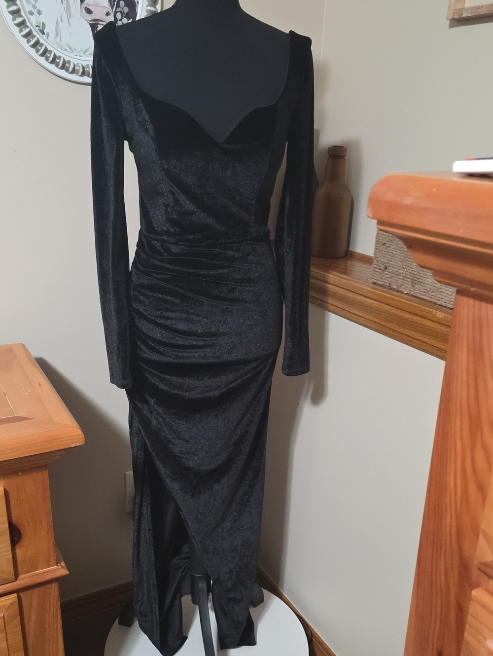 Black Velvet Long-Sleeve Ruched Maxi Dress